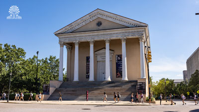 Longstreet Theatre with tree and gates mark.