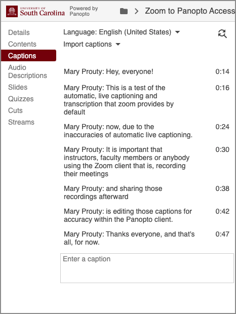 Screenshot of the Captions tab in Panopto. 