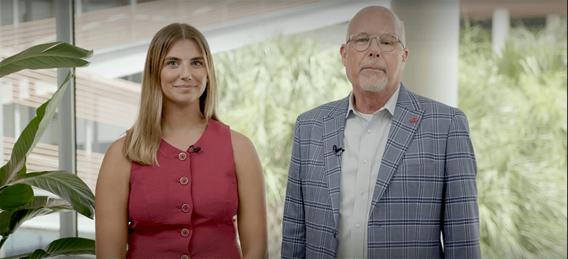 Video of Brice Bible and Student Body President Courtney Tkacs having a conversation on the horseshoe.