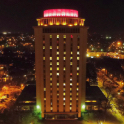 View of Capstone lit up at night.