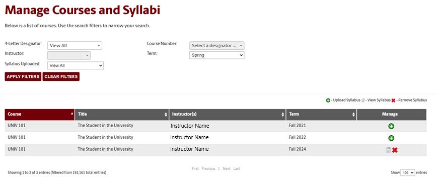 Screenshot of Manage Courses and Syllabi screen showing View Syllabus icon