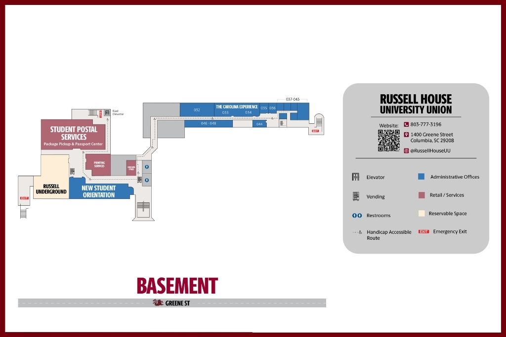 Russell House Basement Map showing Russell Undeground, NSO, Postal Services, Printing Services, Admin offices, and well-being pace with legend. 