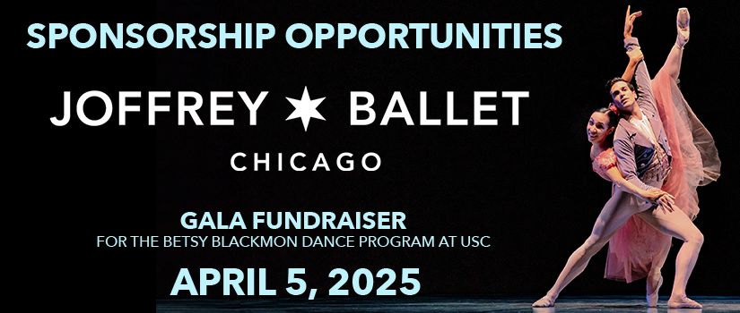 Male and female ballet dancers on right next to text reading Sponsorship Opportunities, Joffrey Ballet Performance and Gala Fundraiser