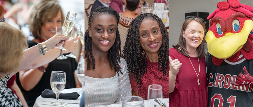 group of students smiling, people toasting, person with cocky 