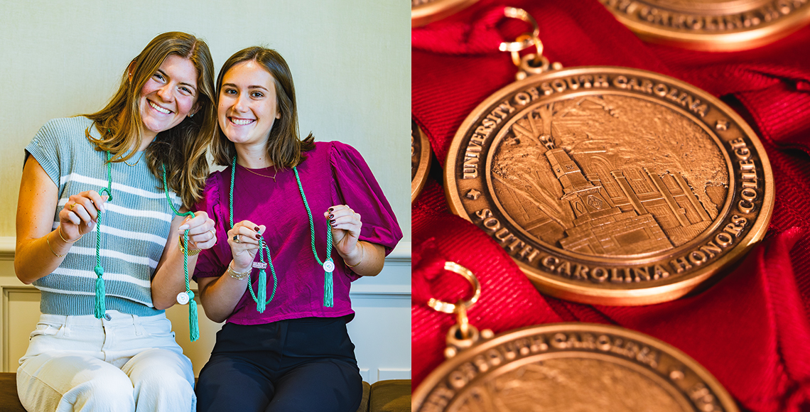 A photo collage of two students posing with their engagement cords next to a close up photo of an Honors medallion.