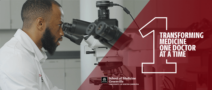 Black male med student in white coat looks into microscope. Transforming Medicine logo.