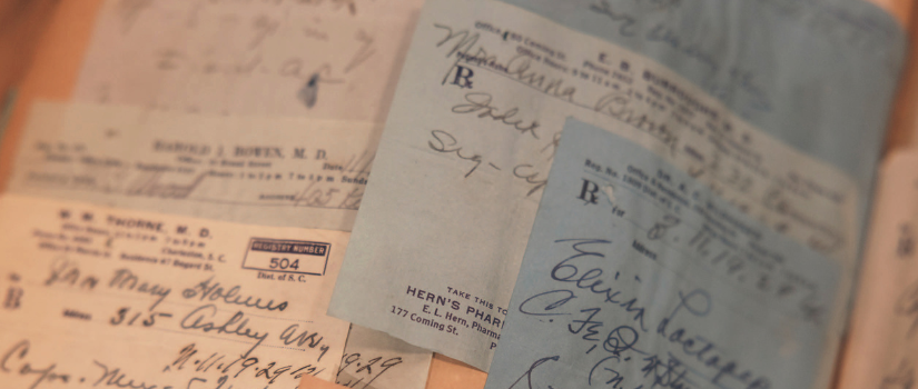Close up of vintage prescription papers