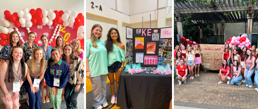 Collage of three images of group of girls in front of balloons and posters
