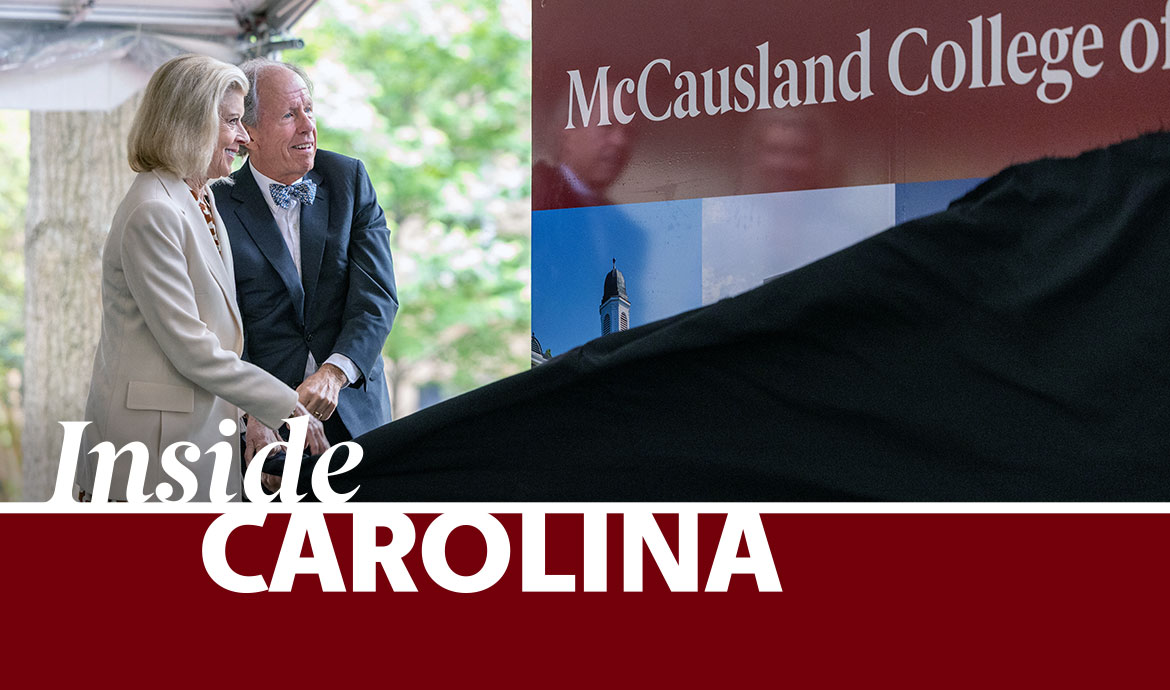 graphic that has a frame with the words Inside Carolina over an image of two people revealing a sign that says McCausland College