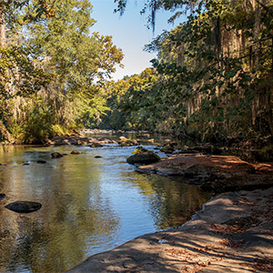 The Congaree River with river rocks protruding from the water. 