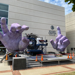 Plaza Stage at Koger Center for the Arts getting set up for Squonk performance of “Hand to Hand.”