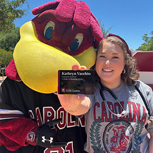 Kathryn Vacchio stands with Cocky Kathryn Vacchio stands with Cocky.